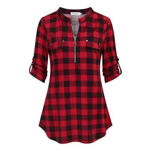 Ninedaily Women's 3/4 Sleeve Plaid Zip Top in Red, Size XL​​